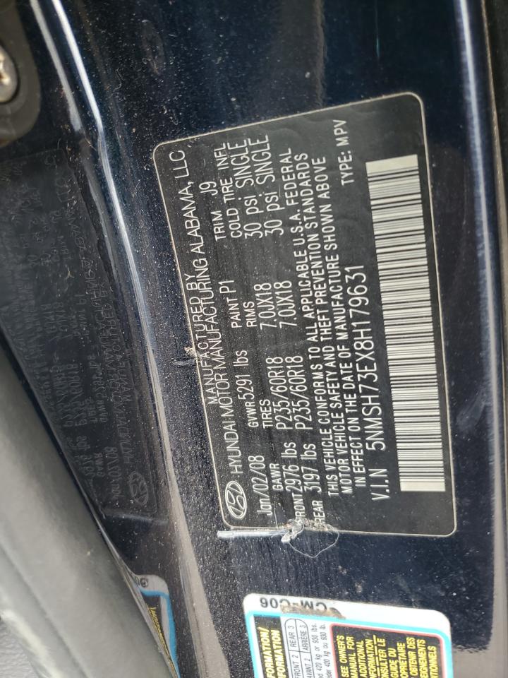 2008 Hyundai Santa Fe Se VIN: 5NMSH73EX8H179631 Lot: 85327035