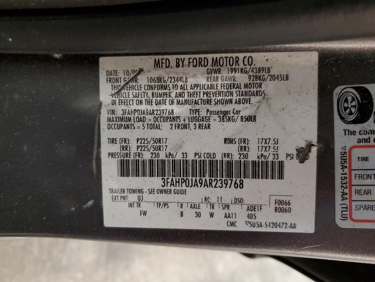 2010 Ford Fusion Sel VIN: 3FAHP0JA9AR239768 Lot: 89823565