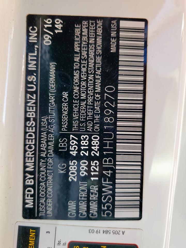 2017 Mercedes-Benz C 300 VIN: 55SWF4JB1HU189270 Lot: 85397885