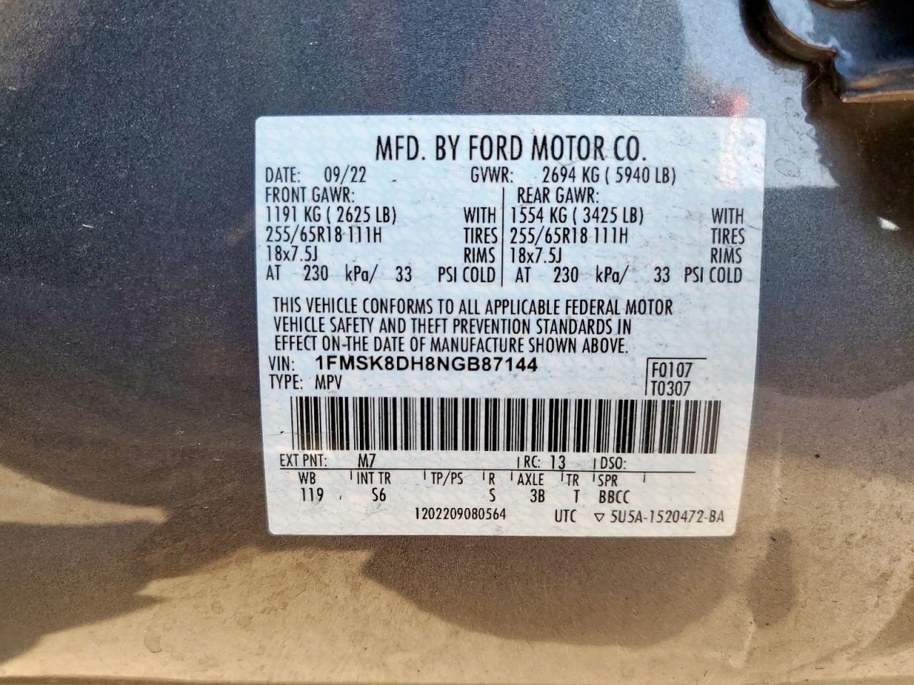 2022 Ford Explorer Xlt VIN: 1FMSK8DH8NGB87144 Lot: 86508655