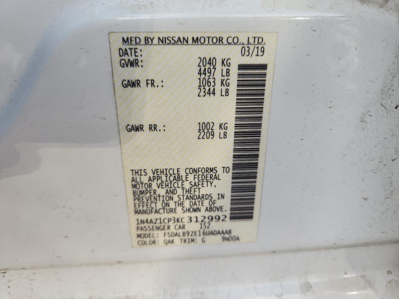 2019 Nissan Leaf S VIN: 1N4AZ1CP3KC312992 Lot: 89800445