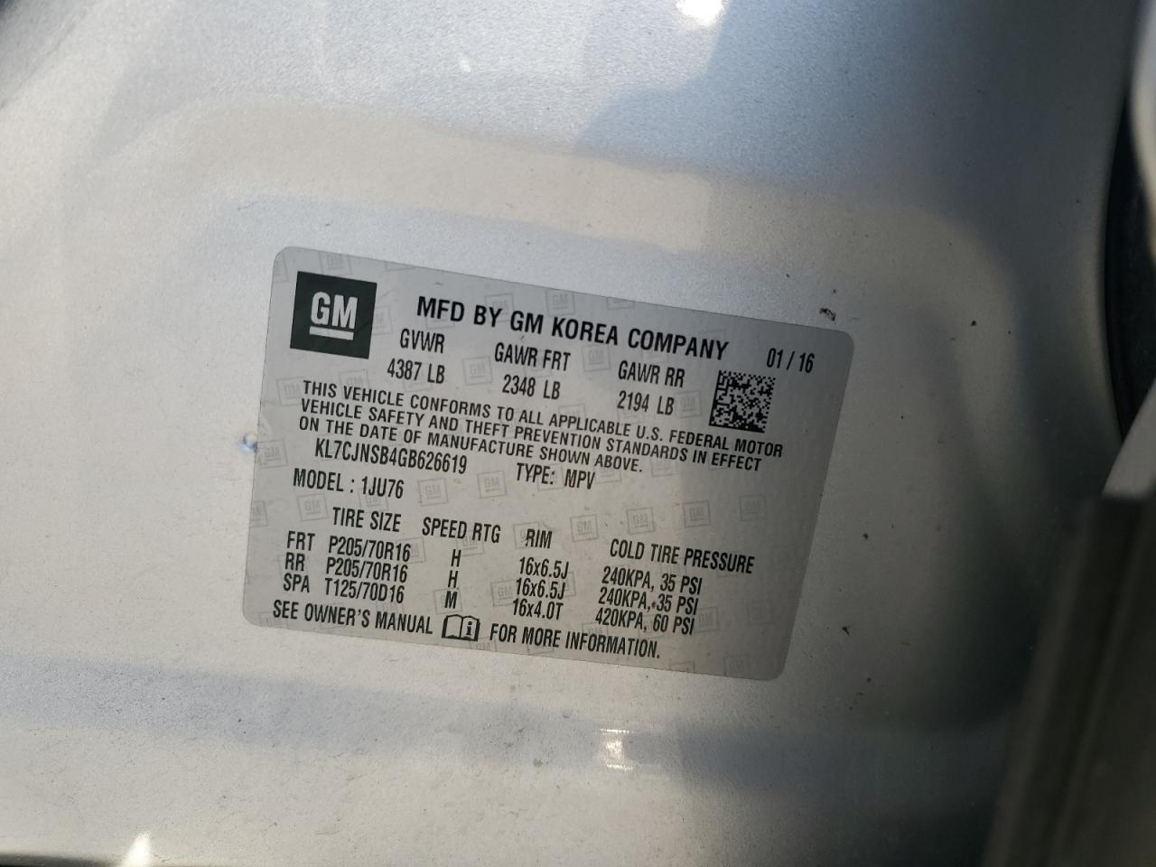 2016 Chevrolet Trax Ls VIN: KL7CJNSB4GB626619 Lot: 89863385