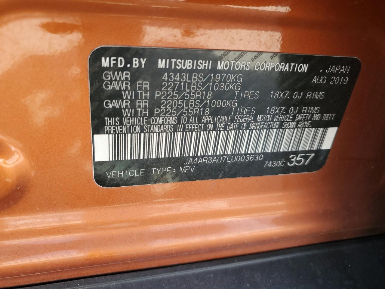 2020 Mitsubishi Outlander Sport Es VIN: JA4AR3AU7LU003630 Lot: 86546745