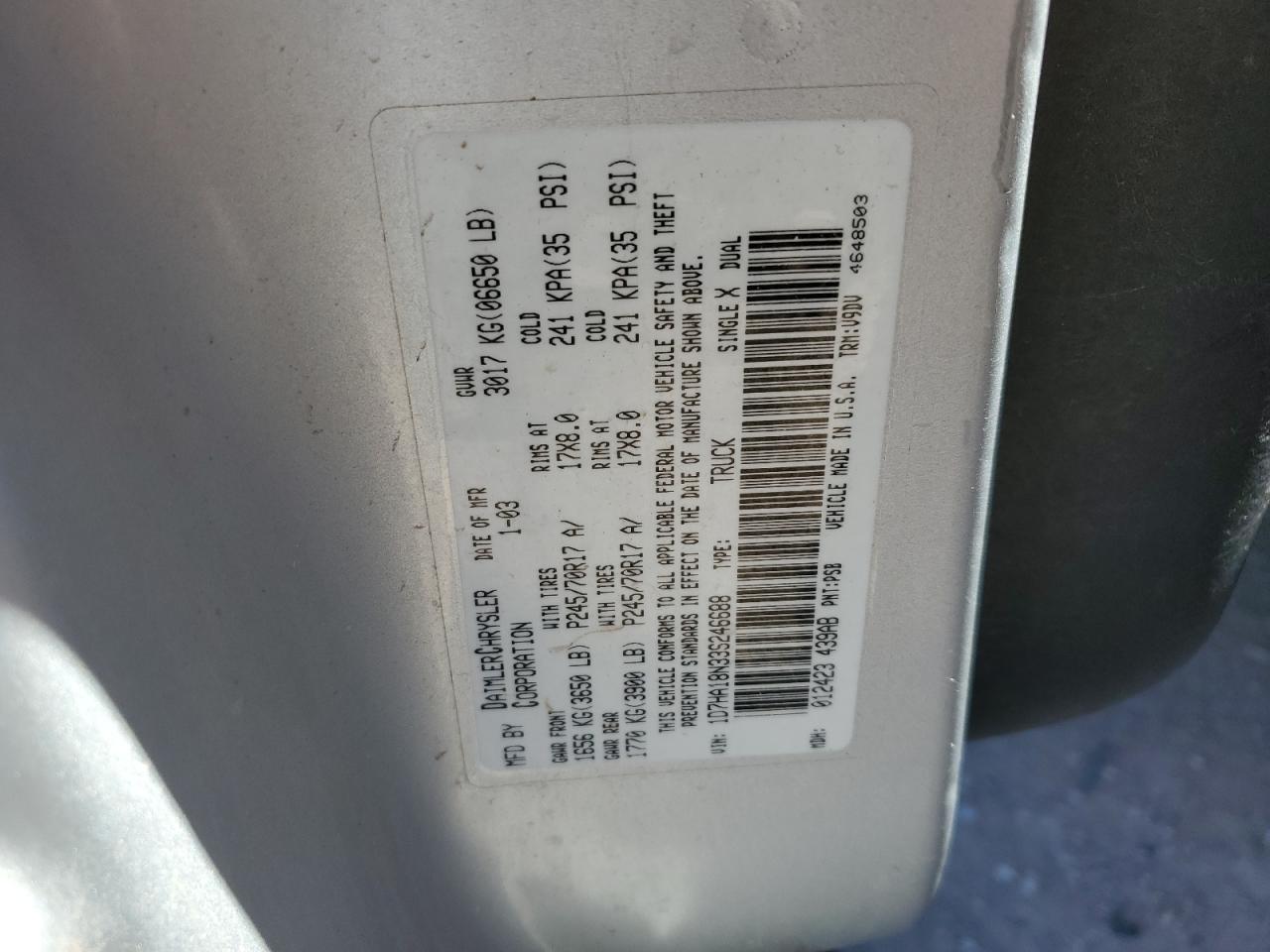 2003 Dodge Ram 1500 St VIN: 1D7HA18N33S246688 Lot: 82763405