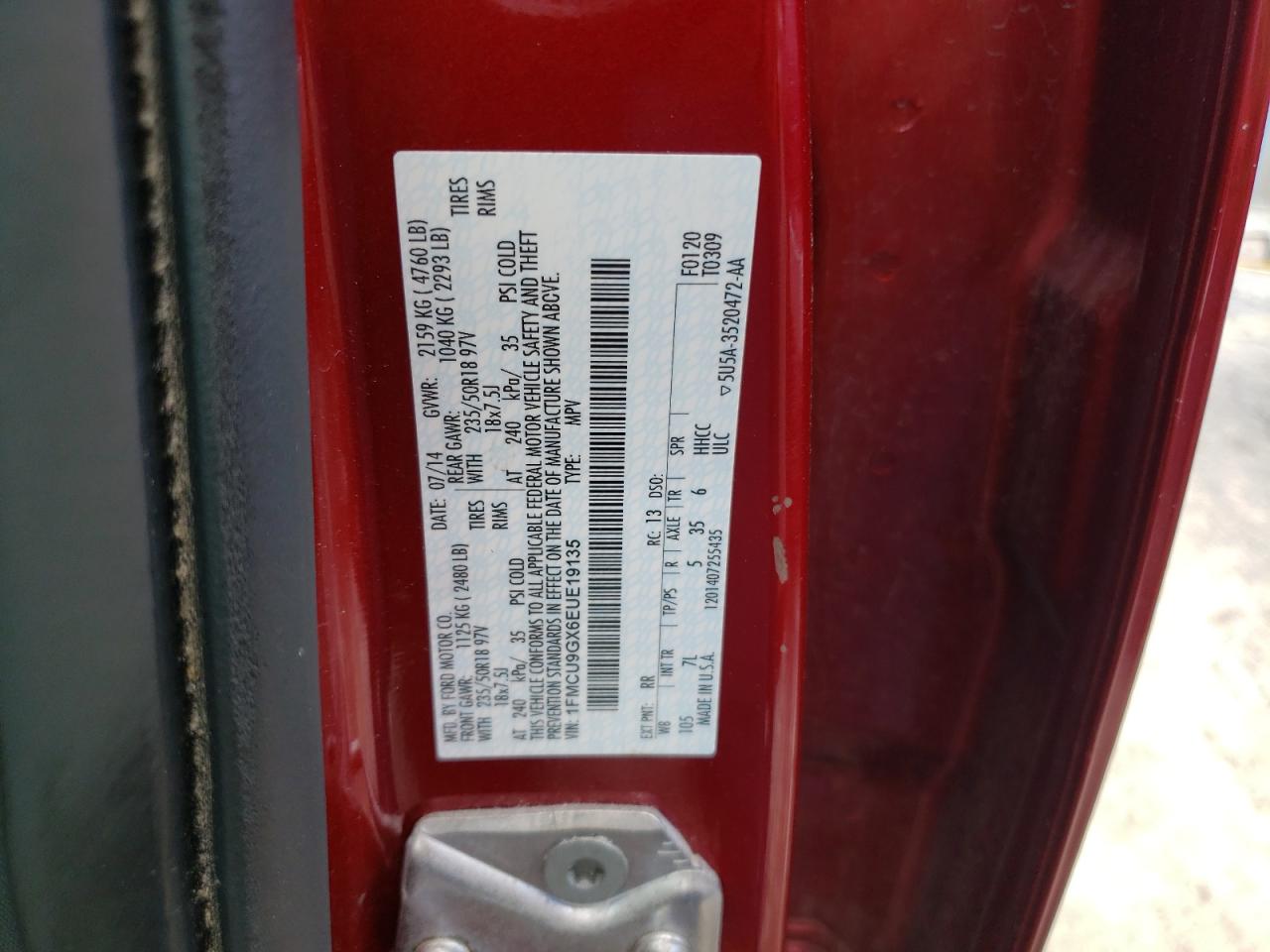 2014 Ford Escape Se VIN: 1FMCU9GX6EUE19135 Lot: 82587685