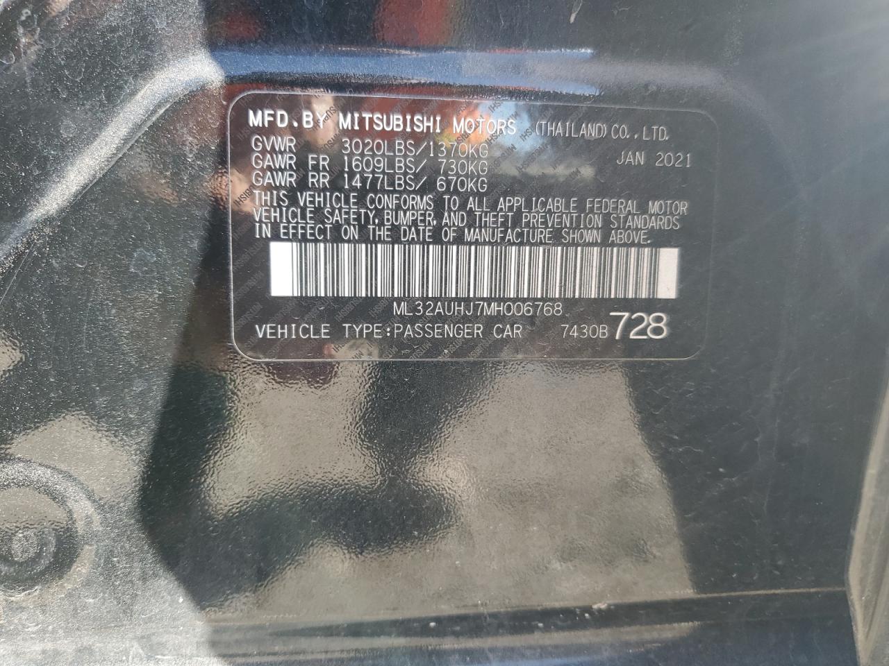 2021 Mitsubishi Mirage Es VIN: ML32AUHJ7MH006768 Lot: 89842105