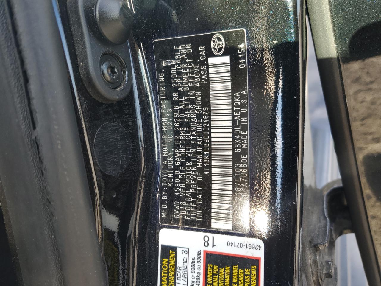 2013 Toyota Avalon Base VIN: 4T1BK1EB9DU024679 Lot: 86137815