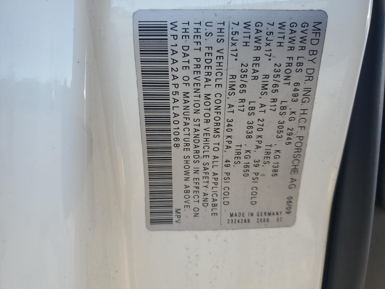 2010 Porsche Cayenne VIN: WP1AA2AP5ALA01068 Lot: 89721705