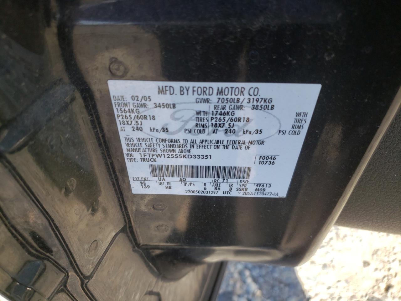 2005 Ford F150 Supercrew VIN: 1FTPW12555KD33351 Lot: 85012975