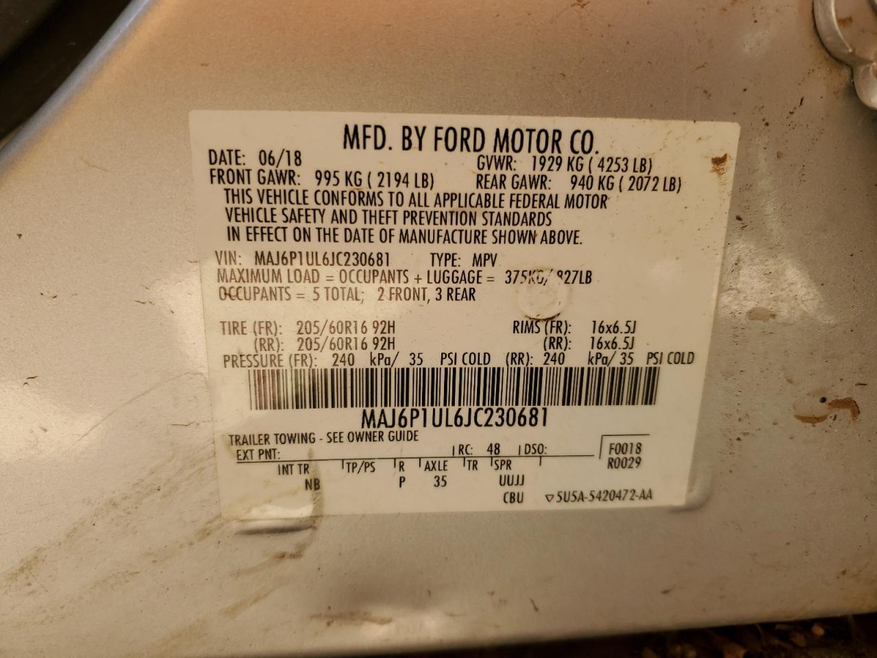 2018 Ford Ecosport Se VIN: MAJ6P1UL6JC230681 Lot: 85353805