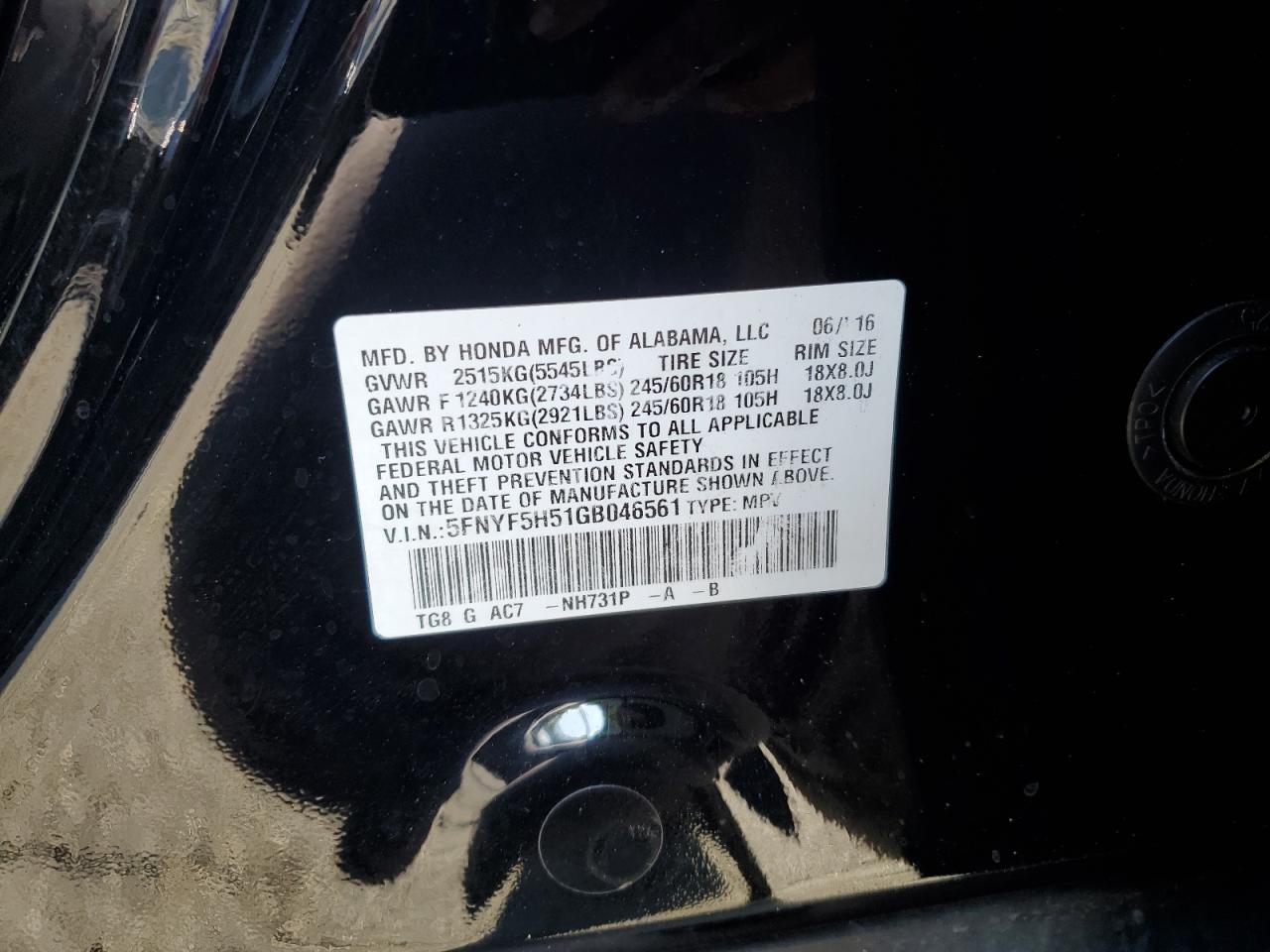 2016 Honda Pilot Exl VIN: 5FNYF5H51GB046561 Lot: 86992385