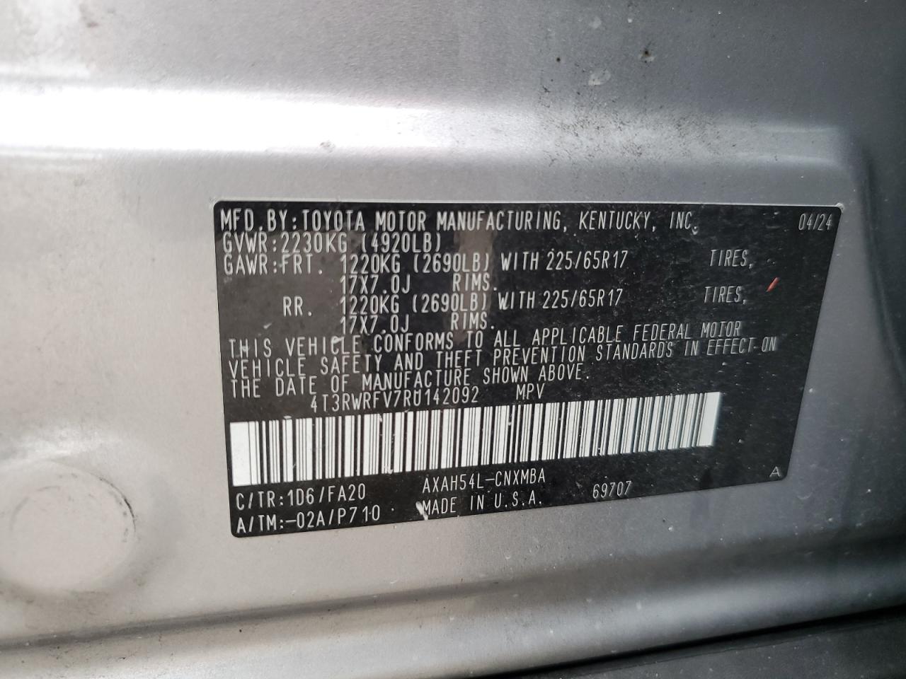 2024 Toyota Rav4 Xle VIN: 4T3RWRFV7RU142092 Lot: 85841375