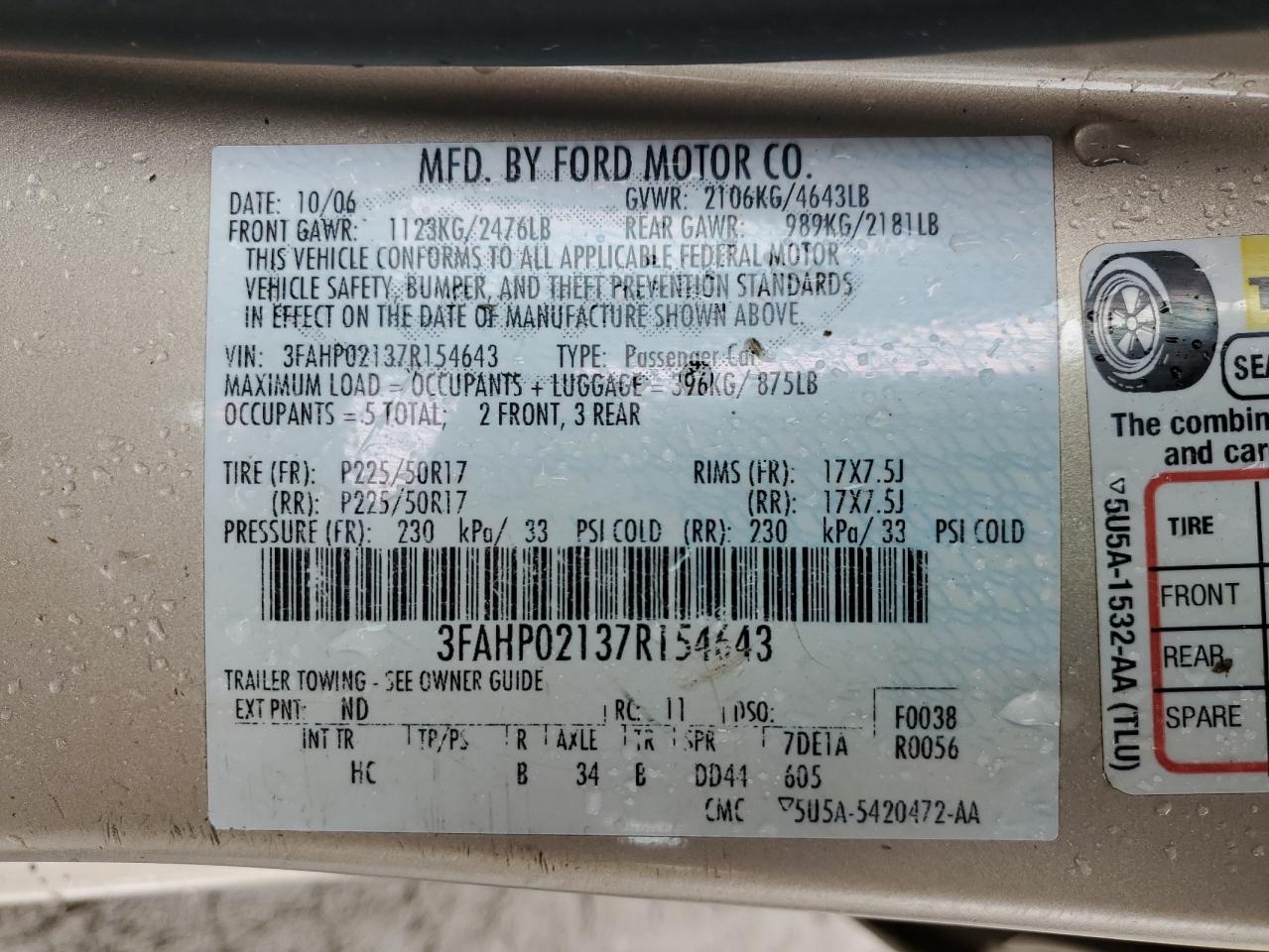 2007 Ford Fusion Sel VIN: 3FAHP02137R154643 Lot: 86657555