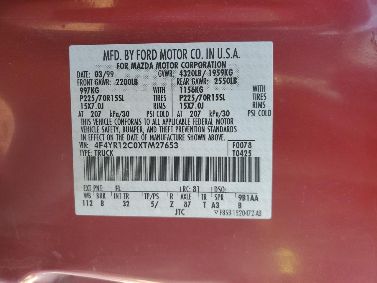 1999 Mazda B2500 VIN: 4F4YR12C0XTM27653 Lot: 89550095