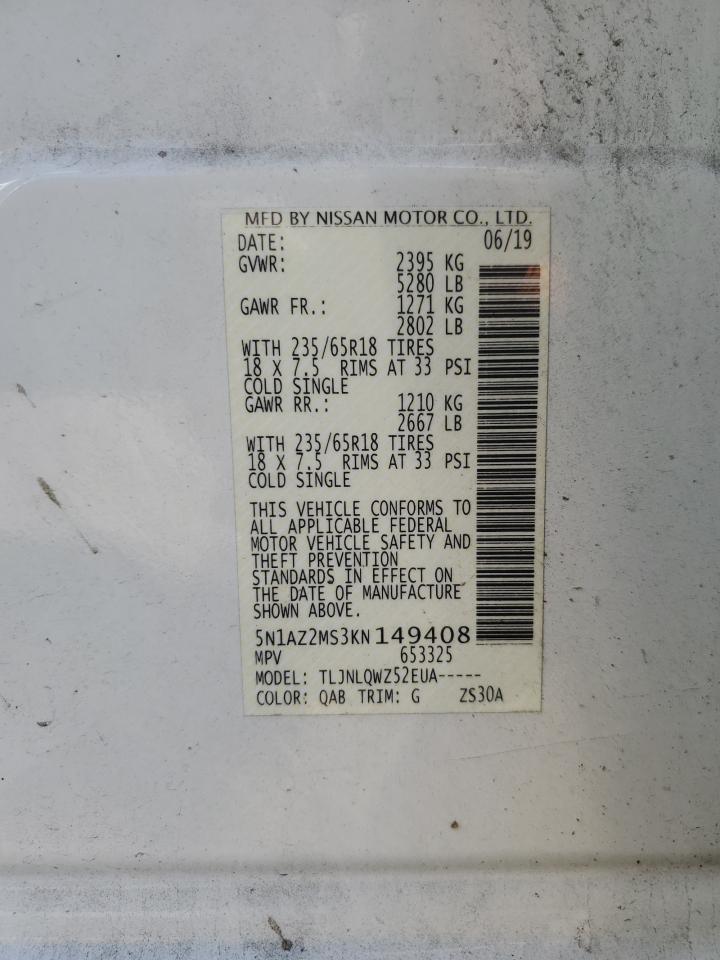 2019 Nissan Murano S VIN: 5N1AZ2MS3KN149408 Lot: 86139325