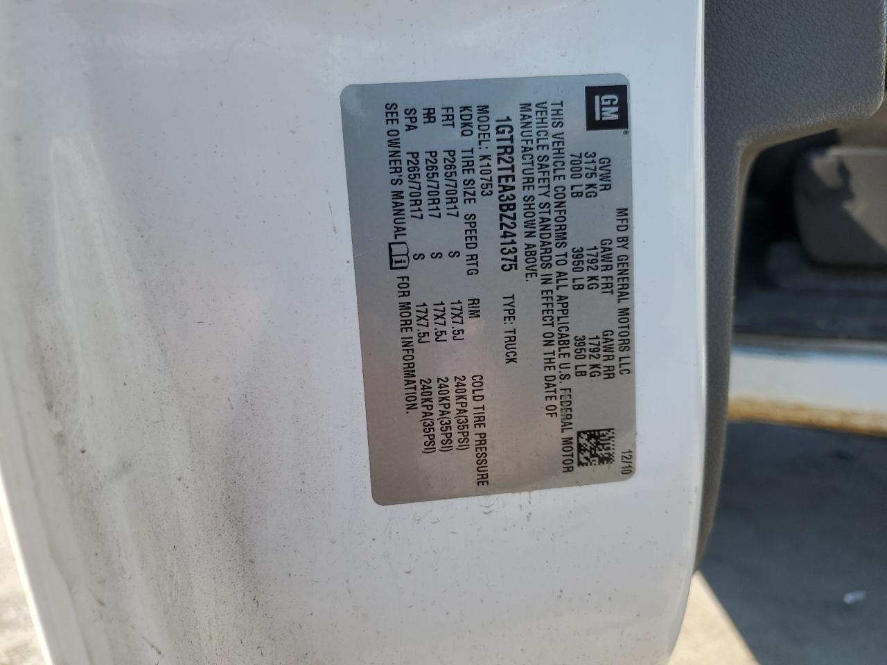 2011 GMC Sierra K1500 VIN: 1GTR2TEA3BZ241375 Lot: 82230155