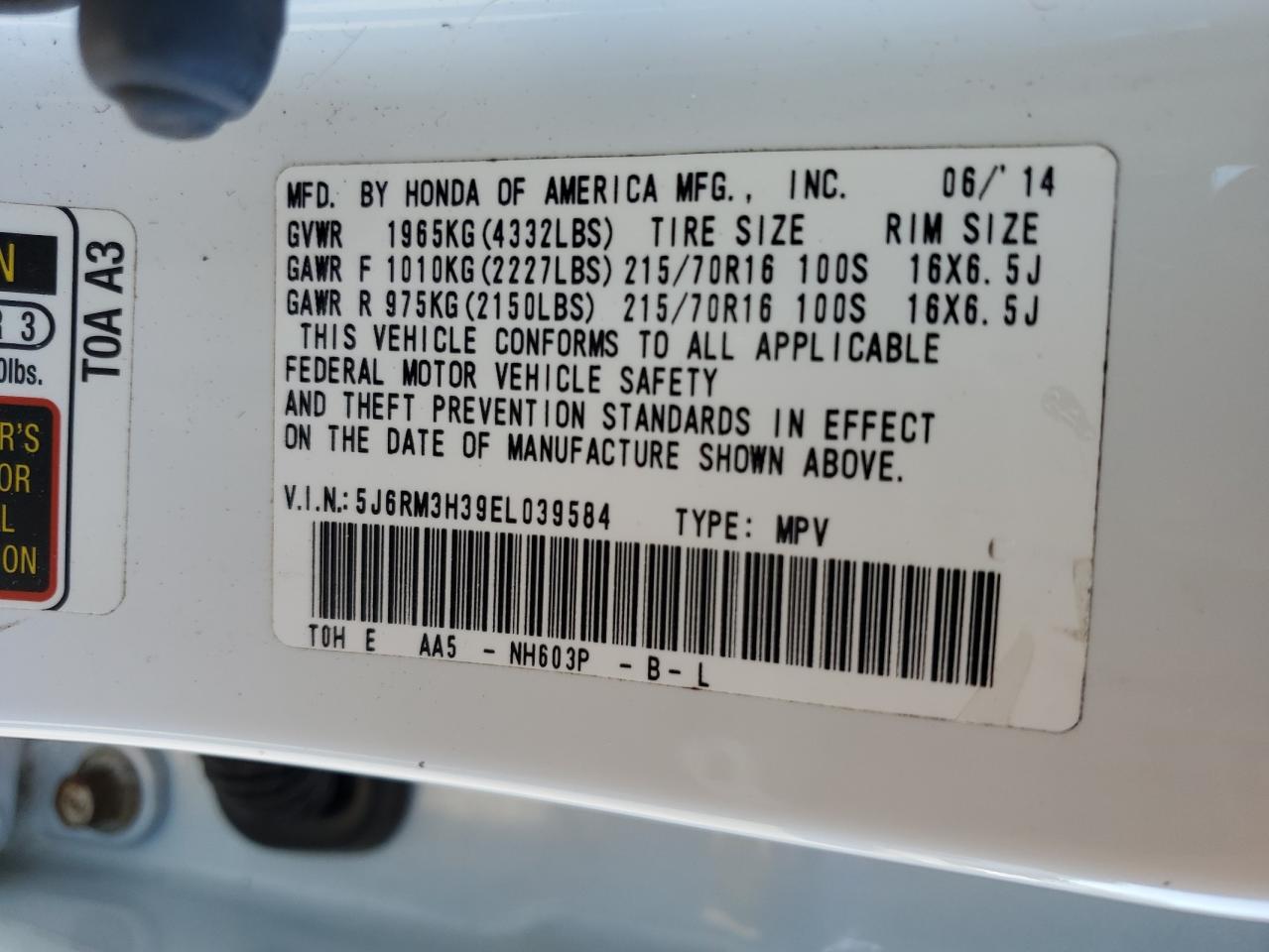 2014 Honda Cr-V Lx VIN: 5J6RM3H39EL039584 Lot: 89715235