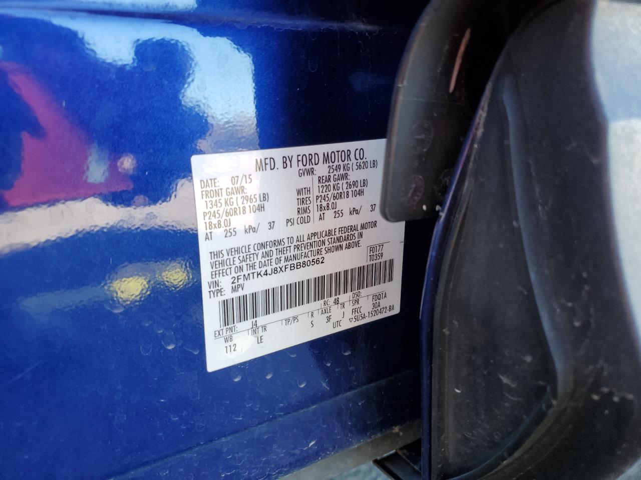 2015 Ford Edge Sel VIN: 2FMTK4J8XFBB80562 Lot: 85004425