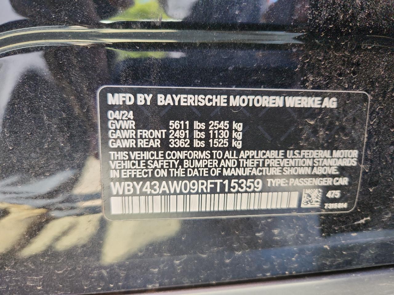 2024 BMW I4 Edrive 35 VIN: WBY43AW09RFT15359 Lot: 86252355