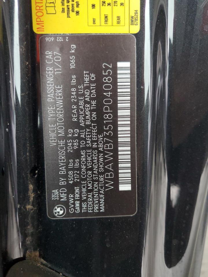 2008 BMW 335 I VIN: WBAWB73518P040852 Lot: 85003075