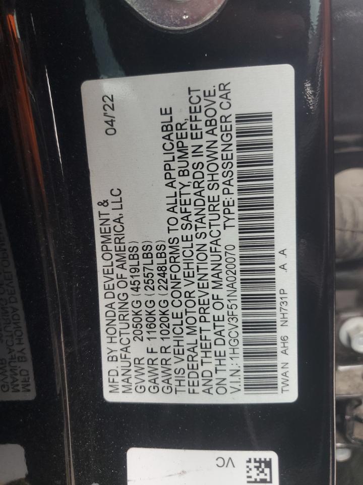 2022 Honda Accord Hybrid Exl VIN: 1HGCV3F51NA020070 Lot: 82176735