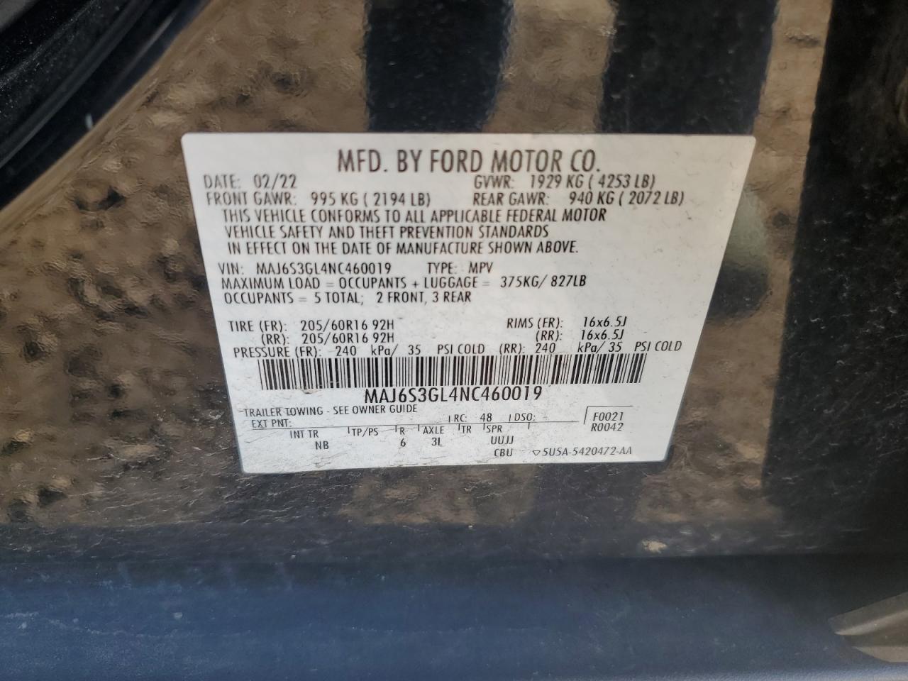 2022 Ford Ecosport Se VIN: MAJ6S3GL4NC460019 Lot: 84785725