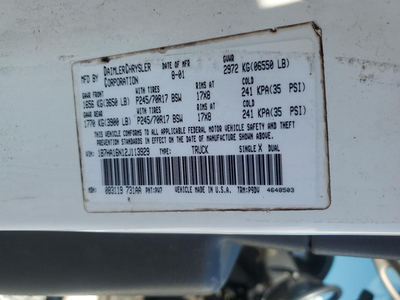 2002 Dodge Ram 1500 VIN: 1B7HA16N12J113929 Lot: 85958045