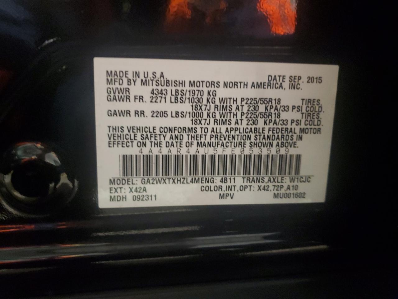 2015 Mitsubishi Outlander Sport Se VIN: 4A4AR4AU5FE053509 Lot: 86048315