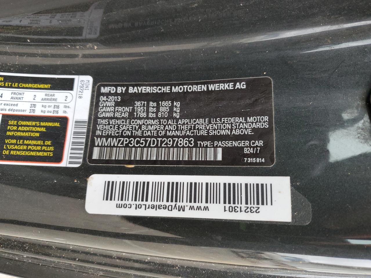 2013 Mini Cooper S VIN: WMWZP3C57DT297863 Lot: 90283265