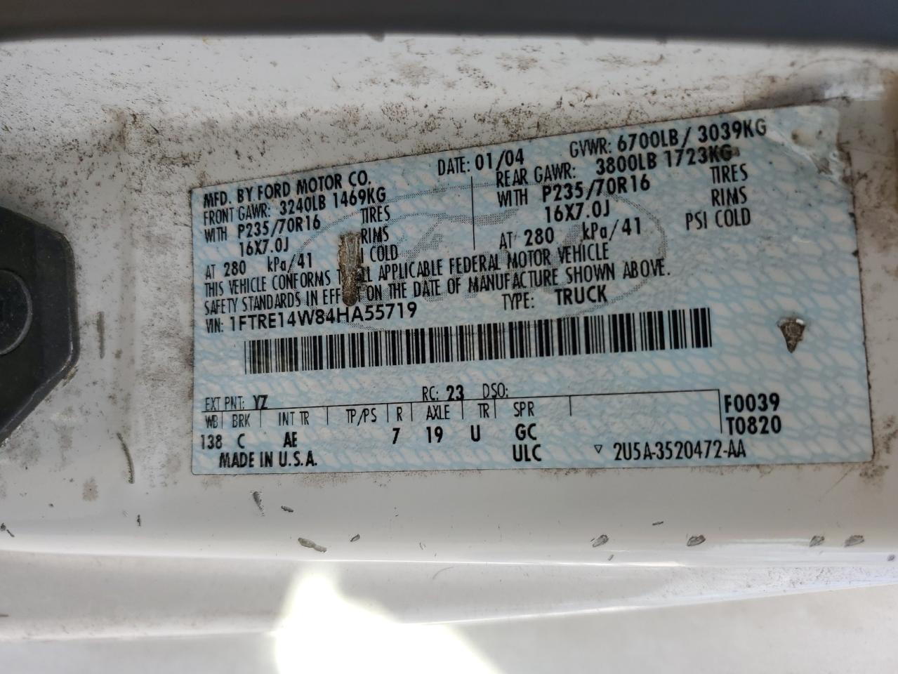 2004 Ford Econoline E150 Van VIN: 1FTRE14W84HA55719 Lot: 87271985