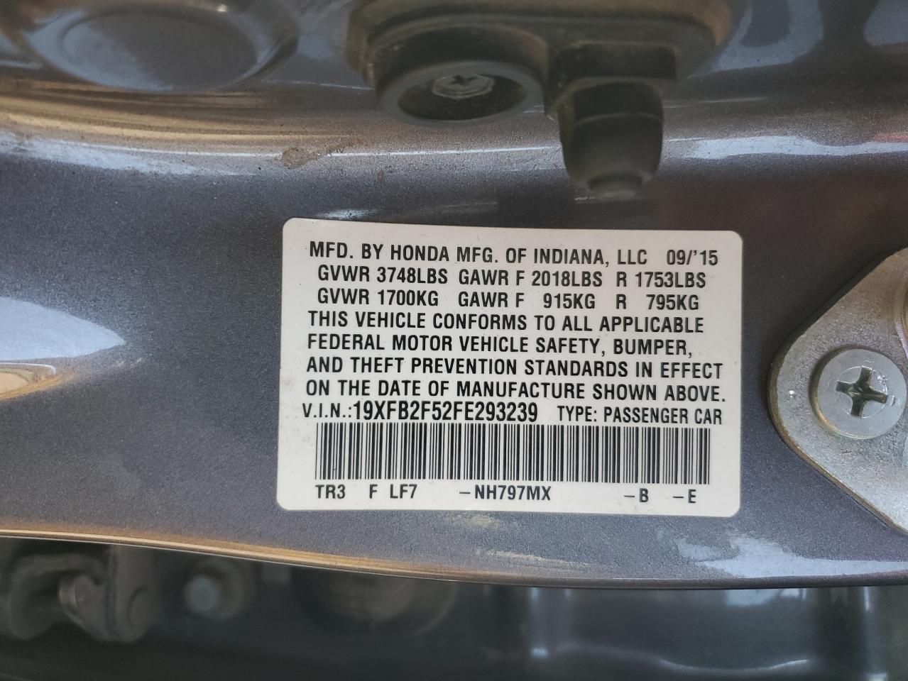 2015 Honda Civic Lx VIN: 19XFB2F52FE293239 Lot: 85340515