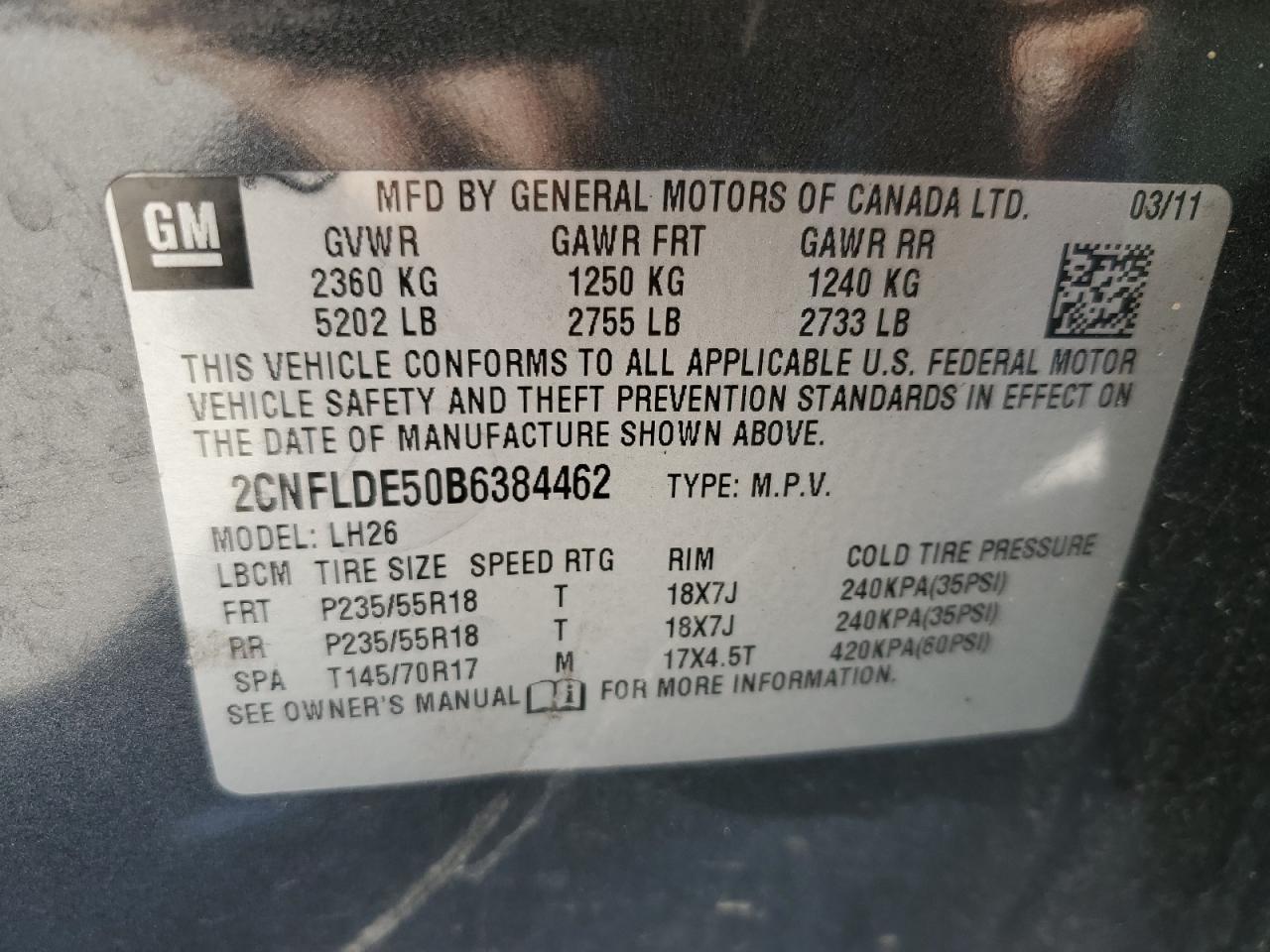 2011 Chevrolet Equinox Lt VIN: 2CNFLDE50B6384462 Lot: 82365165