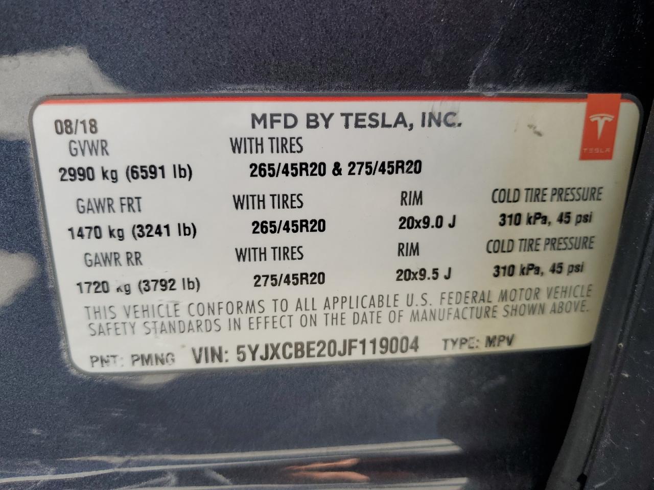 2018 Tesla Model X VIN: 5YJXCBE20JF119004 Lot: 86170465