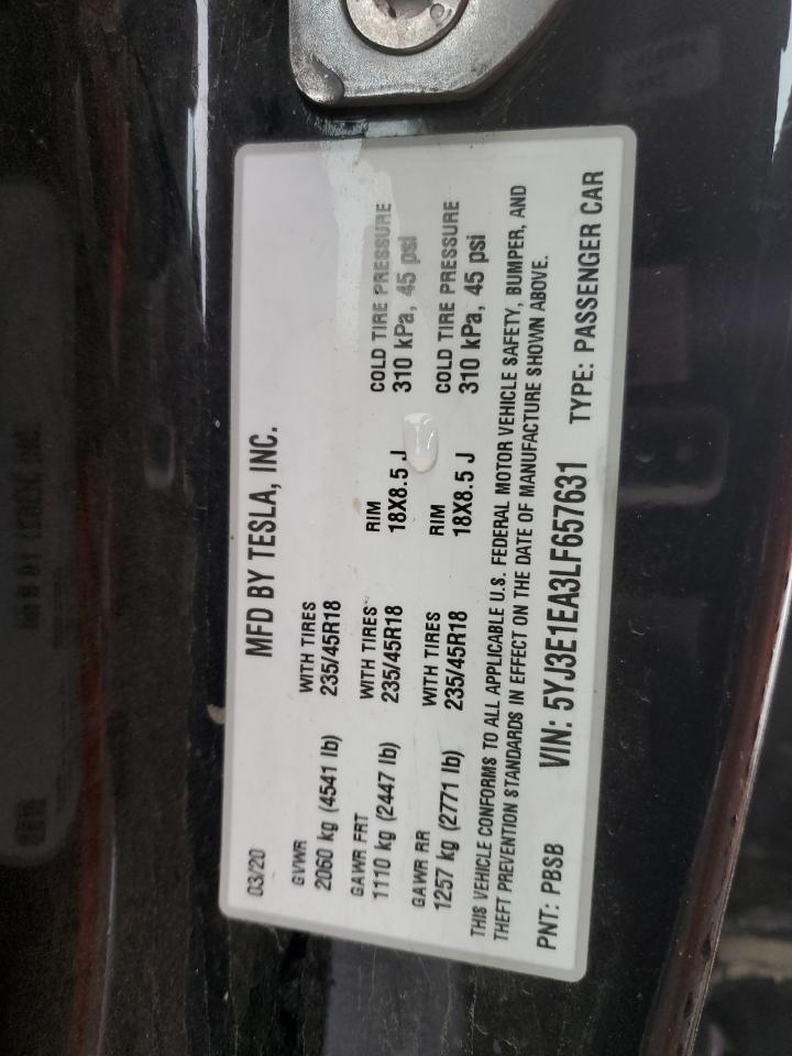 2020 Tesla Model 3 VIN: 5YJ3E1EA3LF657631 Lot: 94901325