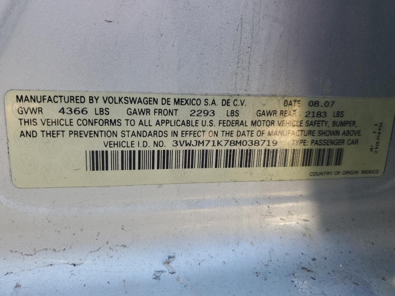 2008 Volkswagen Jetta S VIN: 3VWJM71K78M038719 Lot: 82652225