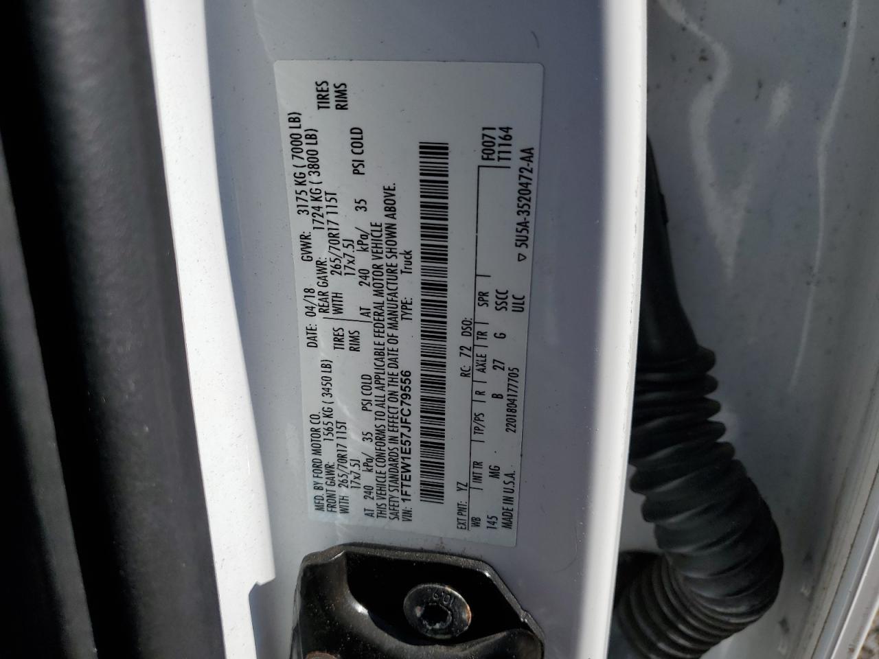 2018 Ford F150 Supercrew VIN: 1FTEW1E57JFC79556 Lot: 85150615