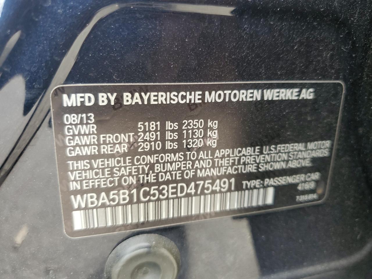 2014 BMW 535 I VIN: WBA5B1C53ED475491 Lot: 85122655