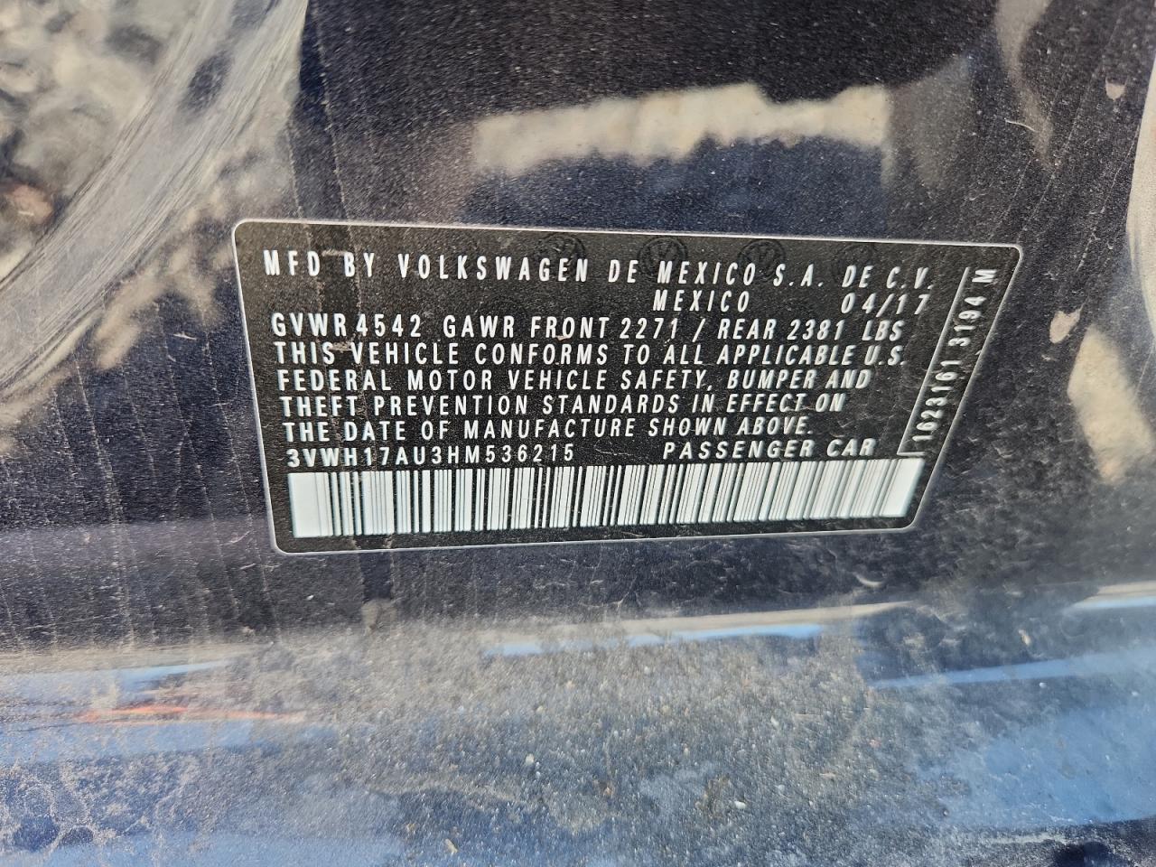 2017 Volkswagen Golf Alltrack S VIN: 3VWH17AU3HM536215 Lot: 91123855