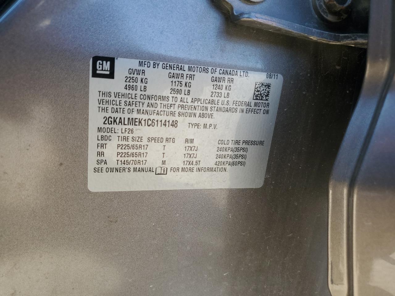 2012 GMC Terrain Sle VIN: 2GKALMEK1C6114148 Lot: 89623255
