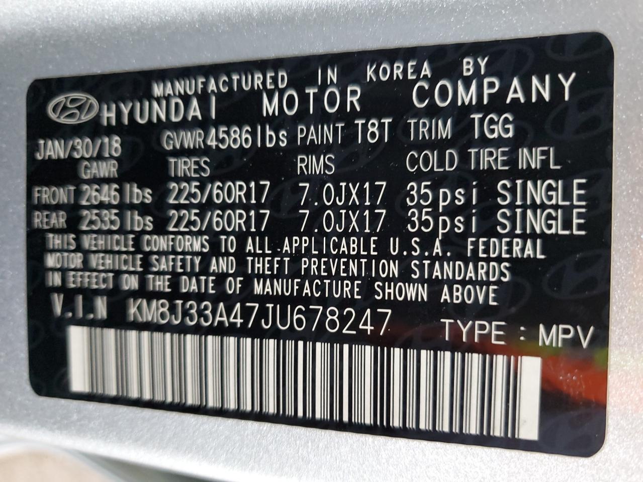 2018 Hyundai Tucson Sel VIN: KM8J33A47JU678247 Lot: 82504195
