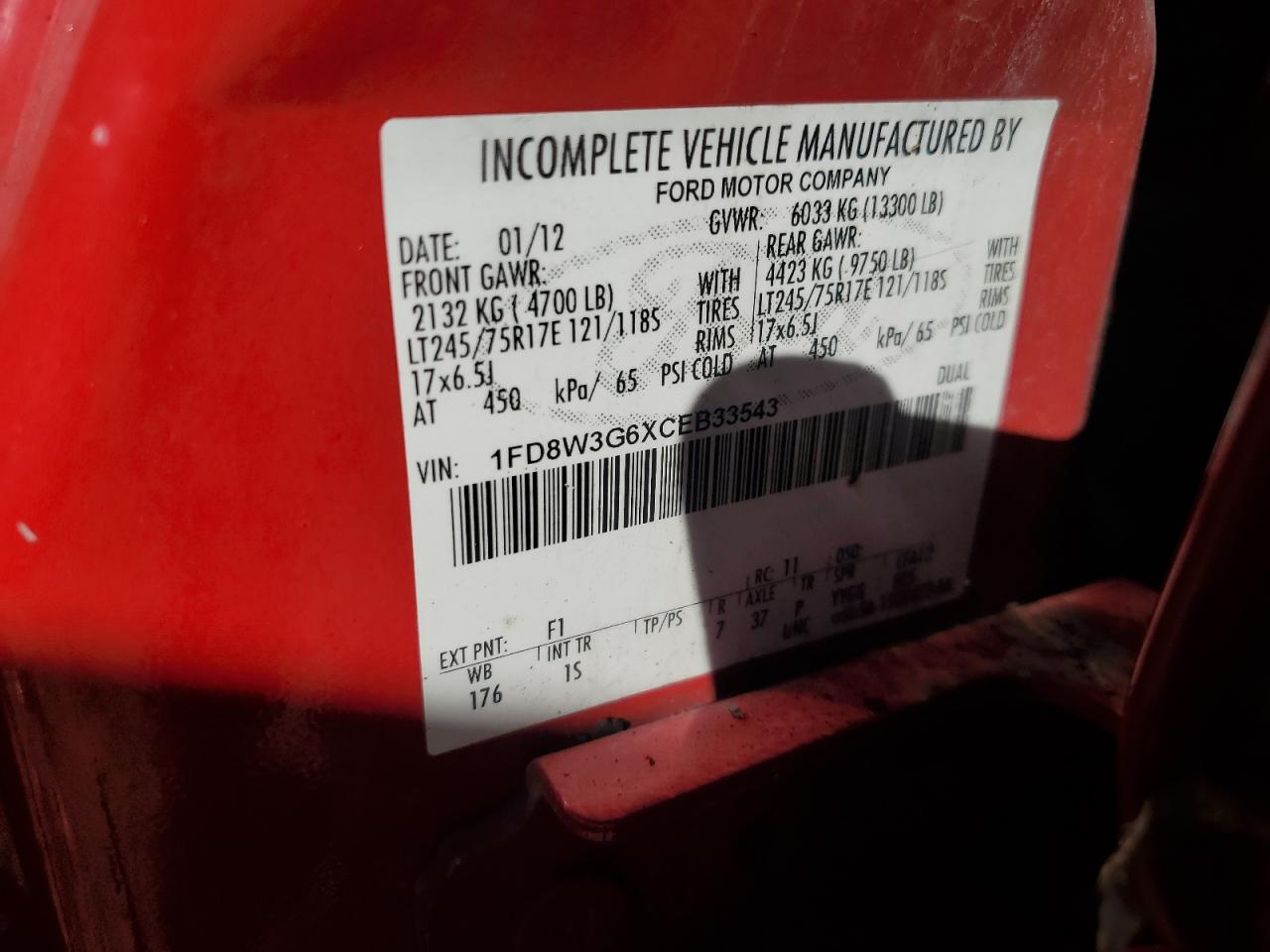 2012 Ford F350 Super Duty VIN: 1FD8W3G6XCEB33543 Lot: 80315035