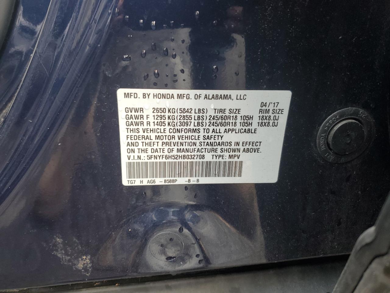 2017 Honda Pilot Exl VIN: 5FNYF6H52HB032708 Lot: 85647085