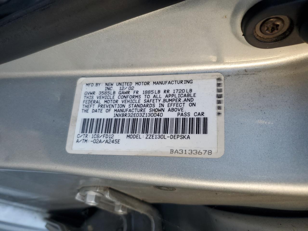 2003 Toyota Corolla Ce VIN: 1NXBR32E03Z130040 Lot: 86184665