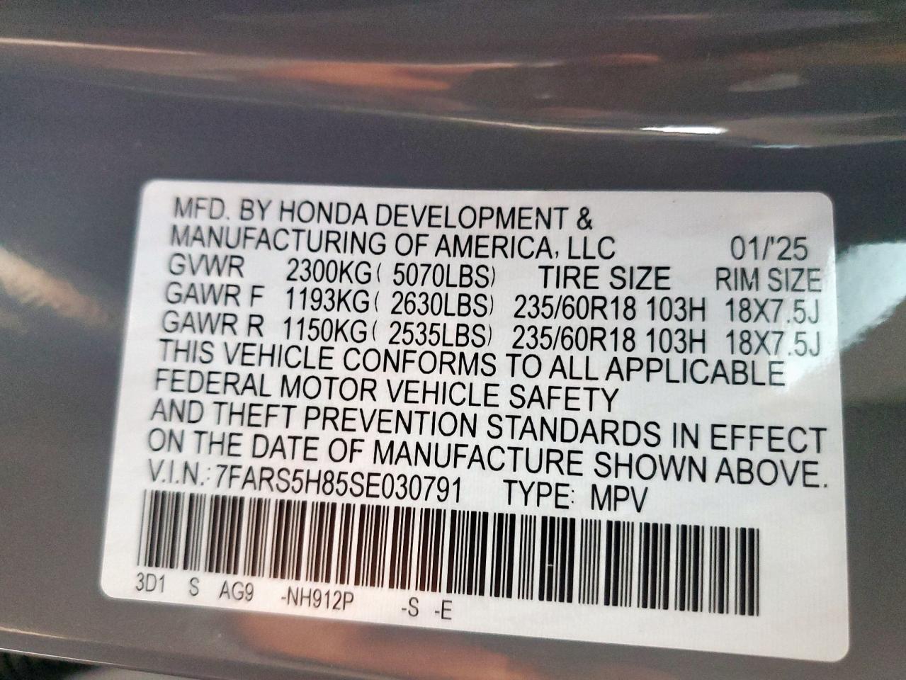 2025 Honda Cr-V Sport-L VIN: 7FARS5H85SE030791 Lot: 85005075
