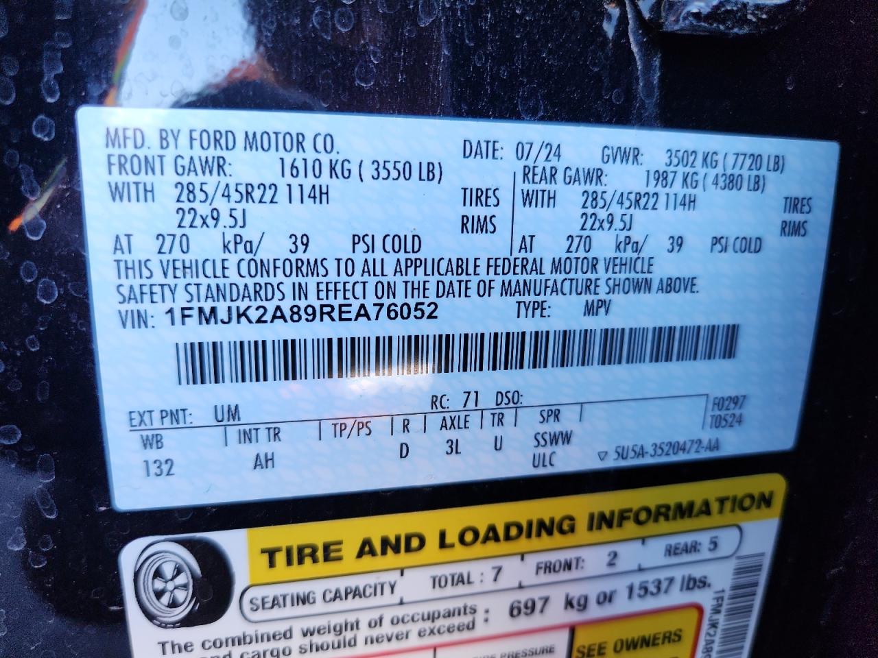 2024 Ford Expedition Max Limited VIN: 1FMJK2A89REA76052 Lot: 84904655