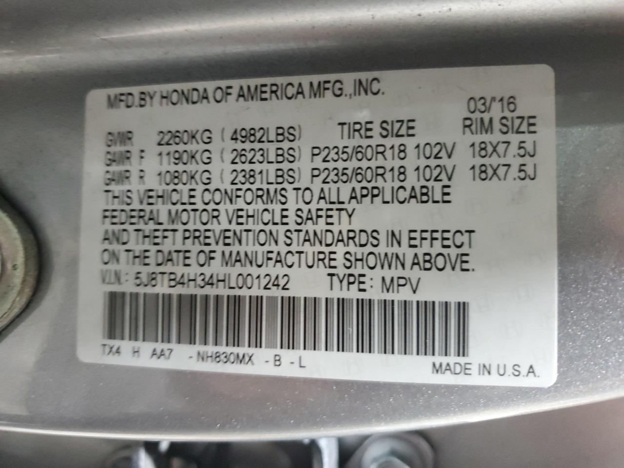 2017 Acura Rdx VIN: 5J8TB4H34HL001242 Lot: 90303975