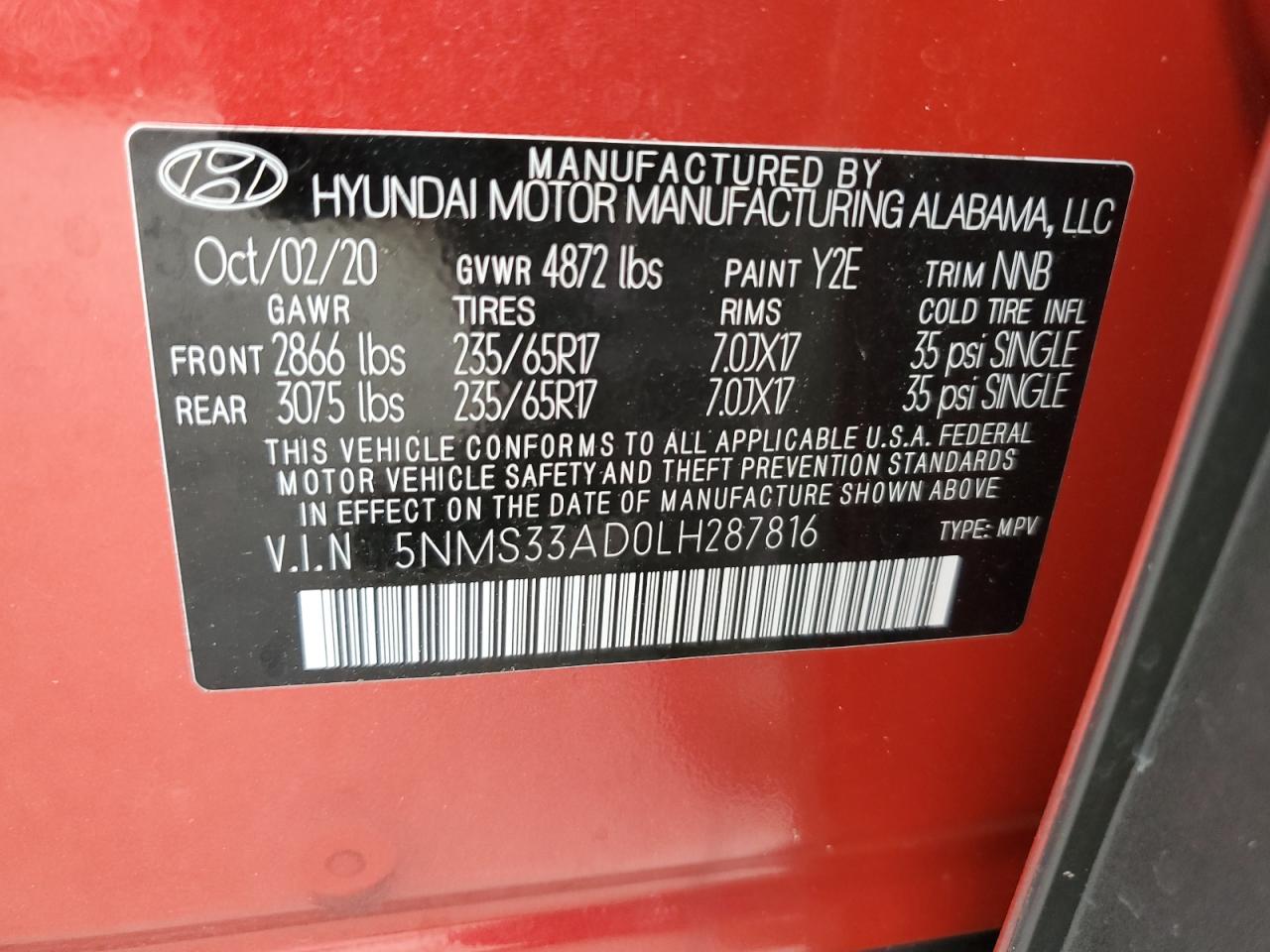 2020 Hyundai Santa Fe Sel VIN: 5NMS33AD0LH287816 Lot: 86292385