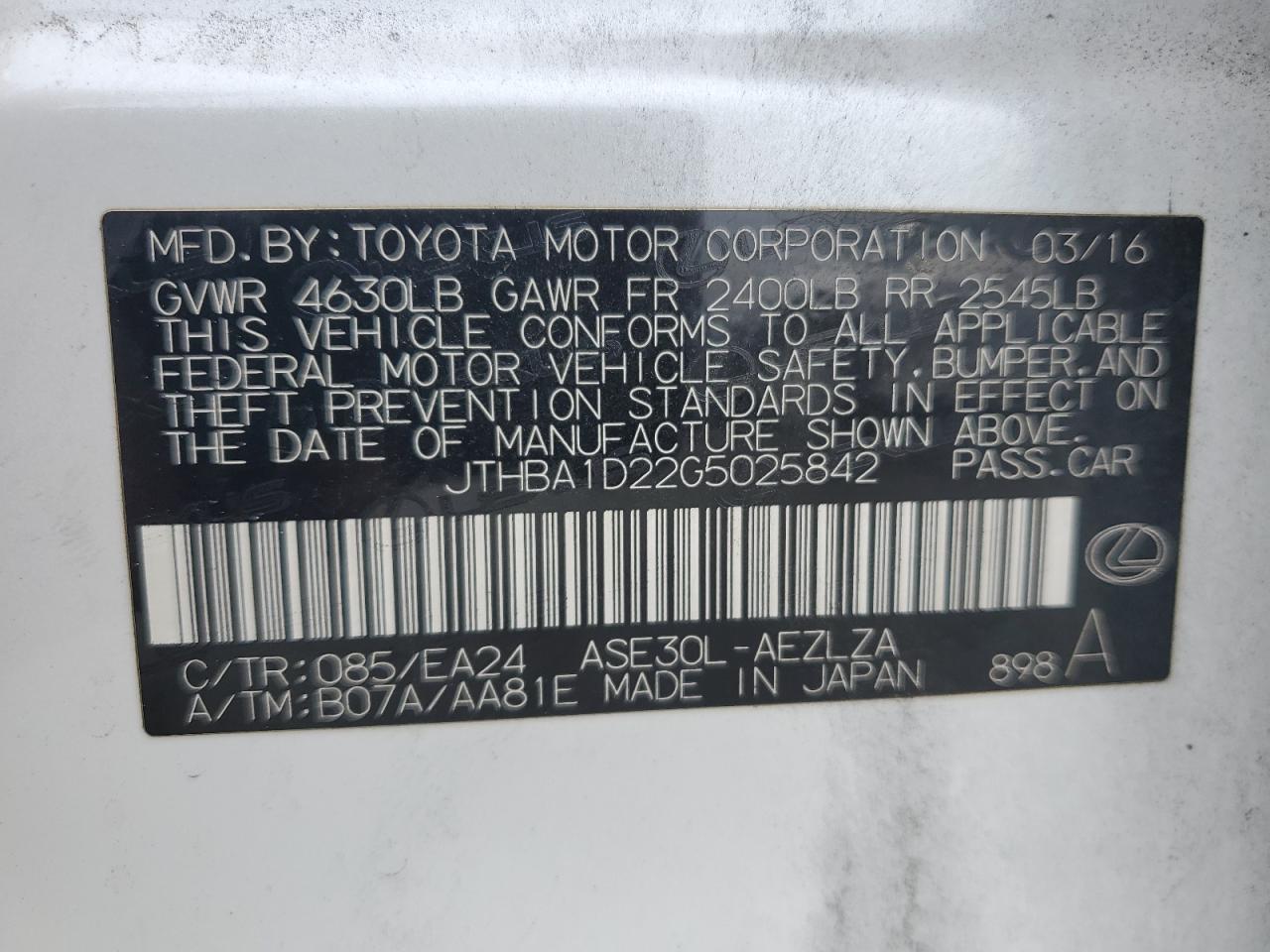 2016 Lexus Is 200T VIN: JTHBA1D22G5025842 Lot: 82212145