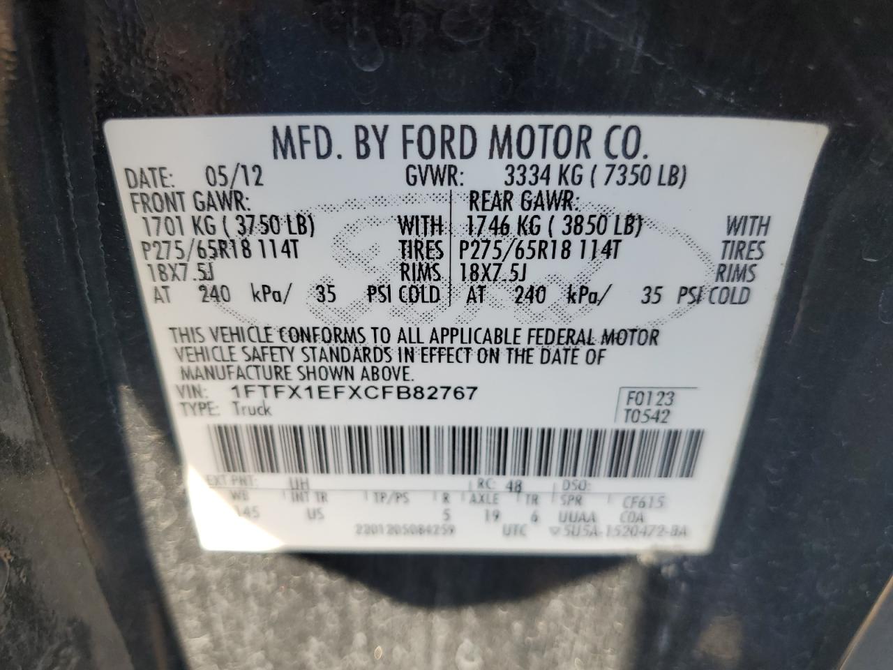 2012 Ford F150 Super Cab VIN: 1FTFX1EFXCFB82767 Lot: 82619625