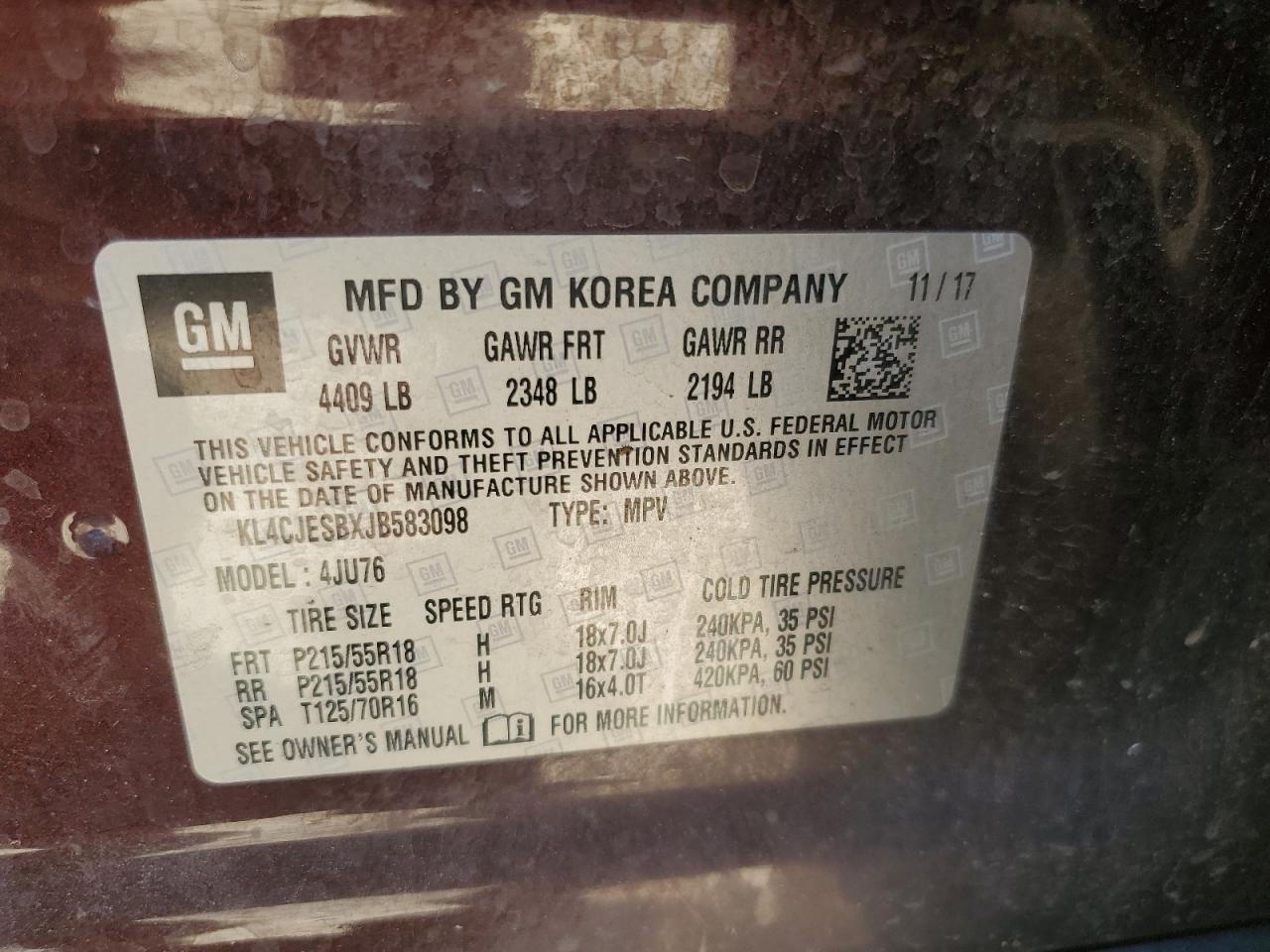 2018 Buick Encore Preferred VIN: KL4CJESBXJB583098 Lot: 82674115